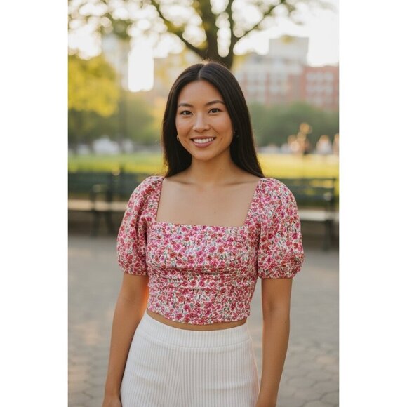 SHEIN Tops - Shein Women's Pink Floral Cold Shoulder Crop Top